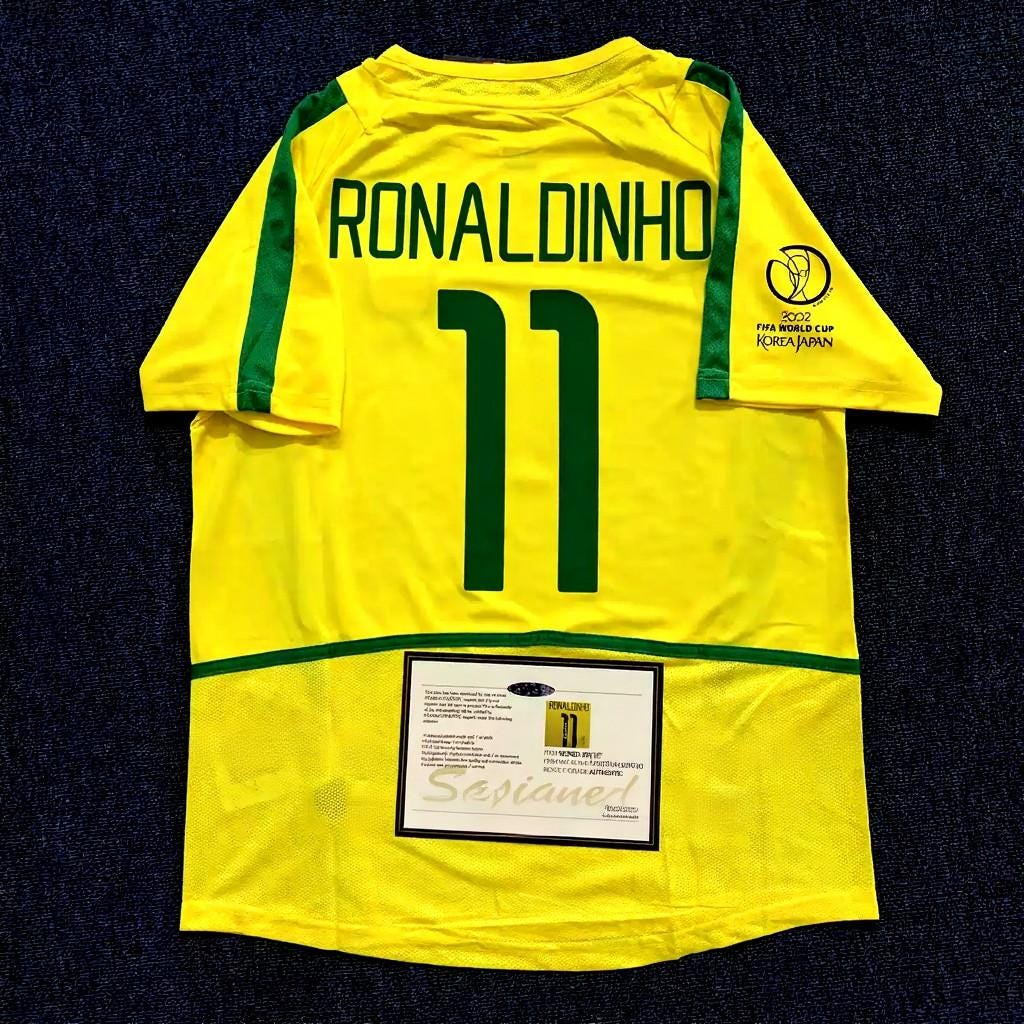 Ronaldinho SIGNED - Brazil World Cup 2002 Home Jersey/Shirt - PRINTED AUTOGRAPH