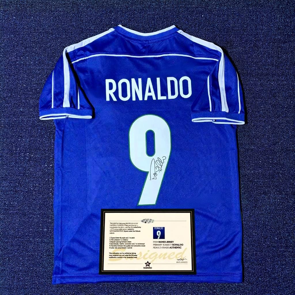Ronaldo SIGNED - Brazil 1998 Away Jersey/Shirt - PRINTED AUTOGRAPH