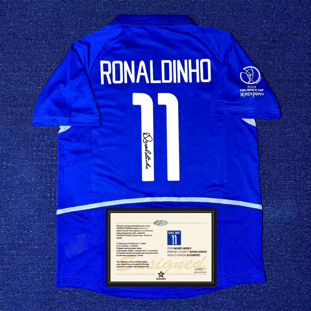 Ronaldinho SIGNED - Brazil 2002 Away Jersey/Shirt - PRINTED AUTOGRAPH