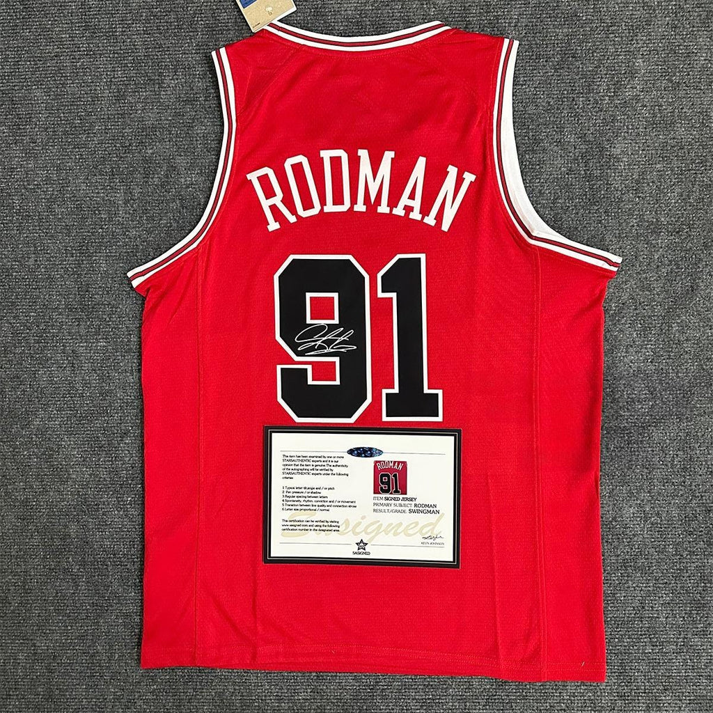 Dennis Rodman SIGNED - Chicago Bulls 97/98 Away Jersey/Shirt - PRINTED AUTOGRAPH